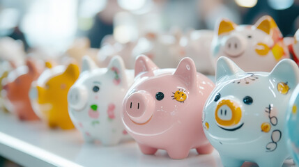 Obraz premium Colorful collection of decorative piggy banks for savings inspiration and home decor ideas