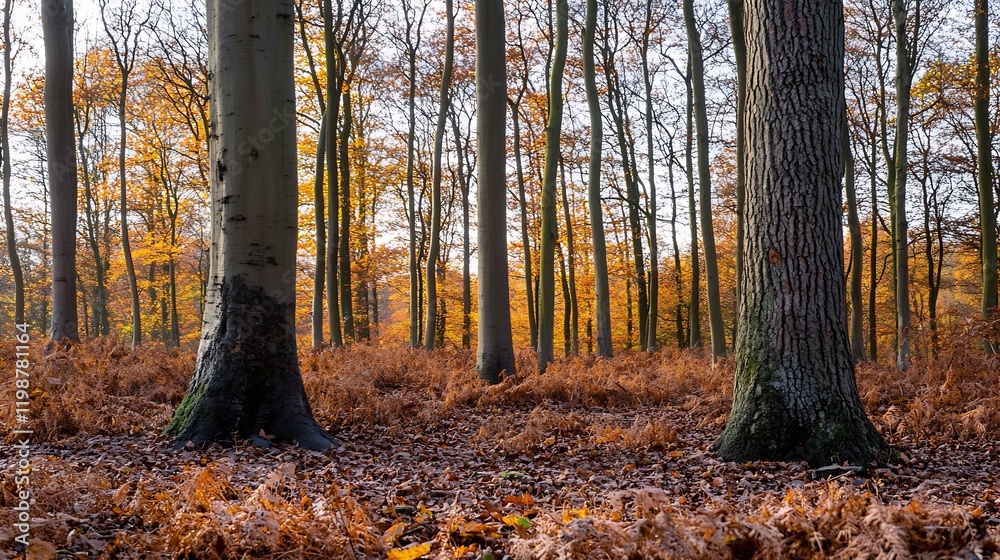Poster autumn forest landscape with golden leaves and majestic tree trunks in tranquil woodland setting : g