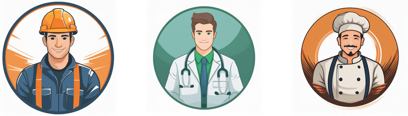 Fototapeta premium Three circular icons depict diverse professions: a construction worker, a doctor, and a chef. Each person is illustrated in a friendly, approachable style.