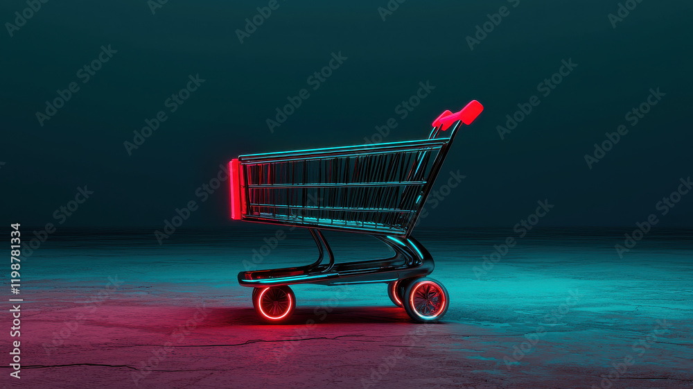 Wall mural futuristic shopping cart with sleek metallic design and neon lights