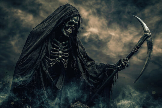 Scary grim reaper with sharp scythe in hell with dark dramatic color, abstract vivid composition consists of fictional unreal fantastic vision on background