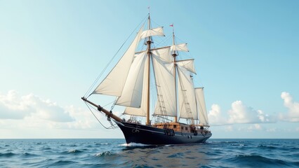 A majestic three-masted black-hulled sailing ship glides across azure waters, its pristine white sails billowing gracefully under the open sky