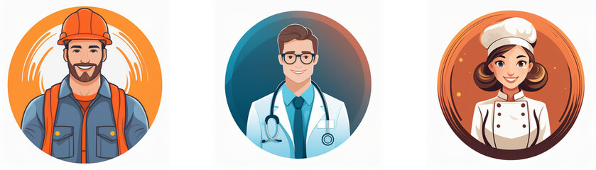 Fototapeta premium Three circular icons depict diverse professions: a construction worker, a doctor, and a chef. Each showcases a friendly, cartoon-style portrait.