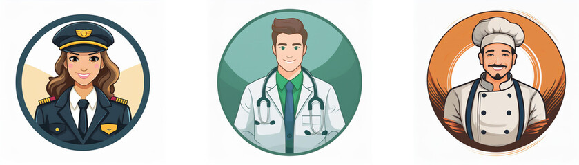 Fototapeta premium Three circular icons depict diverse professions: a female pilot, a male doctor, and a male chef. Each icon showcases a cartoon-style portrait.