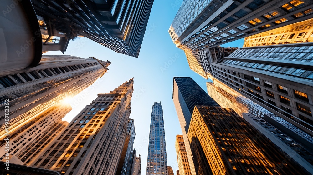 Aufkleber Sunset skyline with gleaming skyscrapers showcasing architectural modernity in a vibrant urban scene : Generative AI