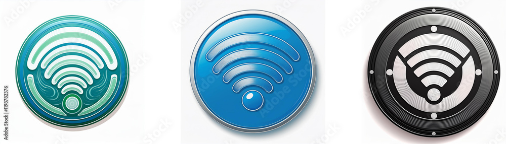 Poster Three circular icons display variations of a wifi signal, showcasing different design styles and color palettes.  The icons represent wireless connectivity.