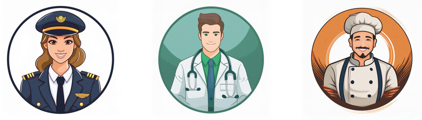 Fototapeta premium Three circular portraits depict a pilot, doctor, and chef; showcasing diverse professions.