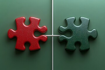 Fototapeta premium Two puzzle pieces, red and green, separated by a white line, symbolizing connection.