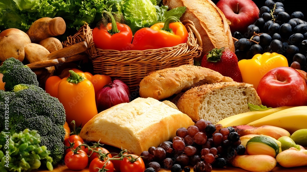 Poster assorted fresh vegetables fruits and bread arrangement in a vibrant display for healthy eating inspi