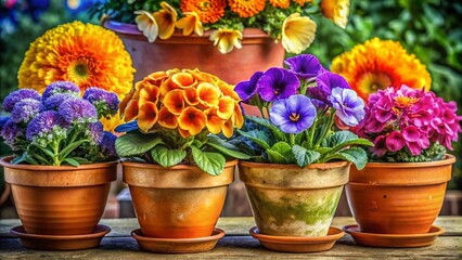 Vibrant Potted Flowers: Double Exposure Purple, Peach, Yellow, Orange Blooms