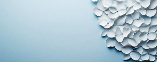 Minimalist concept style. Soft white petals on a blue background create a serene atmosphere.