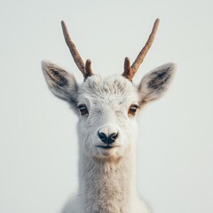 Obraz premium Closeup portrait of a young white deer with small antlers against a bright background.