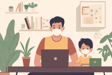 Father with kid working from home during quarantine. Stay at home, work from home concept during coronavirus pandemic, Generative AI