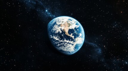 Earth in the vast expanse of space, a view of the planet against a backdrop of distant stars and nebulae.