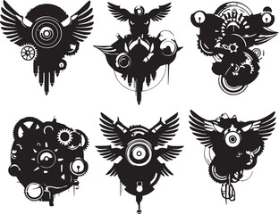 Naklejka premium A set of minimalistic steampunk silhouettes for flat design. Hand drawn vector illustration