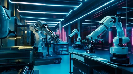 A nighttime view of a high-tech robotics laboratory, with autonomous robots assembling complex machinery under neon lights, Robotics lab scene