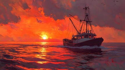 Fototapeta premium Fiery Sunset Illuminates Fishing Vessel At Sea