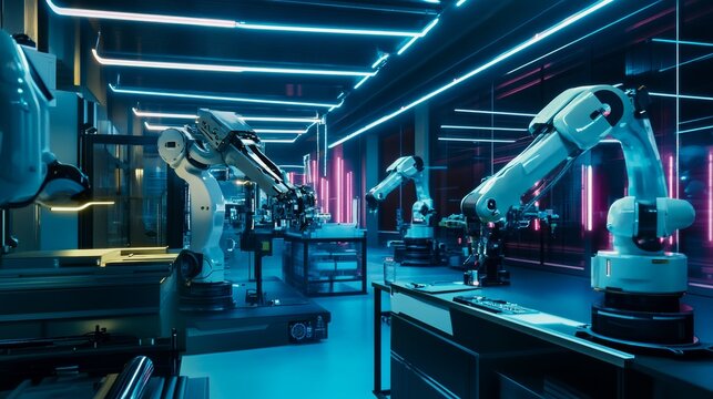 A nighttime view of a high-tech robotics laboratory, with autonomous robots assembling complex machinery under neon lights, Robotics lab scene