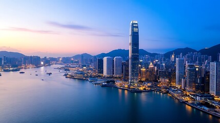 Obraz premium Scenic Sunset Over Hong Kong Skyline and Harbour with Tall Skyscrapers and Mountain Backdrop : Generative AI