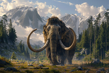 Obraz premium Fantastically majestic mammoth in its natural habitat with large long tusks, abstract vivid composition consists of fictional unreal fantastic vision on background