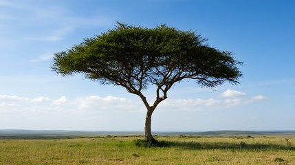 Fototapeta premium Lone Acacia Tree in the African Savanna Underneath Expansive Clear Blue Skies : Generative AI