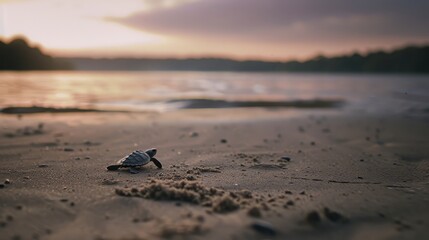A small turtle making its way to the water at dusk