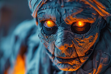 Scary sinister mummy wandering in street with dramatic lighting on Halloween, abstract vivid composition consists of fictional unreal fantastic vision on background
