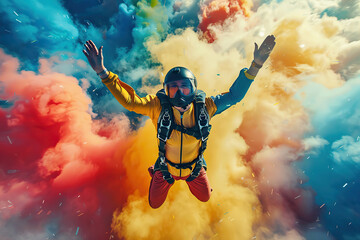 Parachutist with parachute makes heavenly adventure against on nature landscape, abstract vivid composition consists of fictional unreal fantastic vision on background