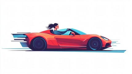 Woman Driving Red Convertible Sports Car at High Speed, Experiencing the Thrill of the Open Road. Perfect artwork for car enthusiasts, travel blogs, and automotive websites.