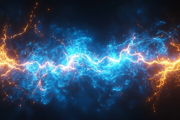 Abstract vibrant energy clash of blue and orange lightning.