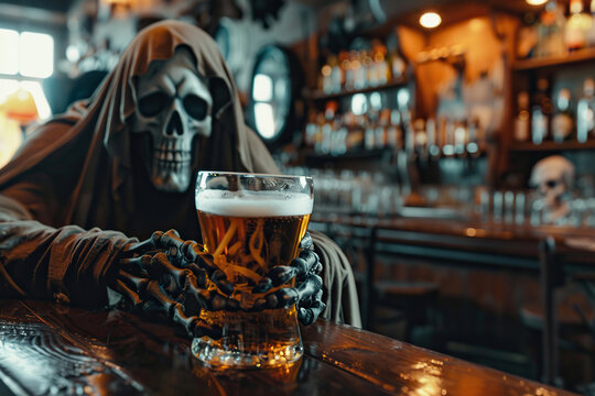 Scary grim reaper with sharp scythe in hell with dark dramatic color, abstract vivid composition consists of fictional unreal fantastic vision on background