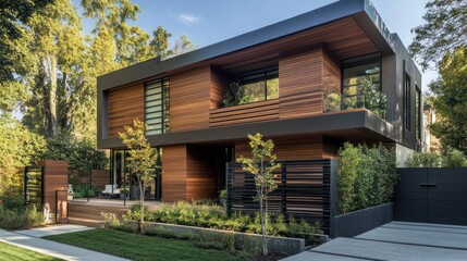 Fototapeta premium Contemporary fence design using horizontal wooden slats, black steel supports, and seamless integration into urban home surroundings