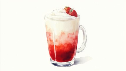 Watercolor of Fresh Korean Strawberry Milk, Strawberry Milkshake Refreshing Summer Drink,menu popular in korea and japan,strawberry yogurt smoothie,copy space.