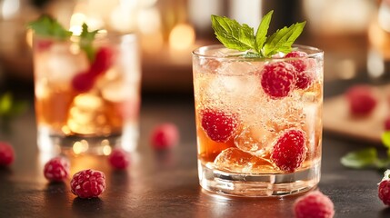 Refreshing raspberry cocktails in elegant glassware with mint and ice for sophisticated drinks : Generative AI