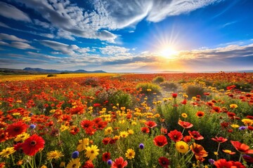 Vibrant Summer Meadow: Red and Yellow Wildflowers under a Blue Sky