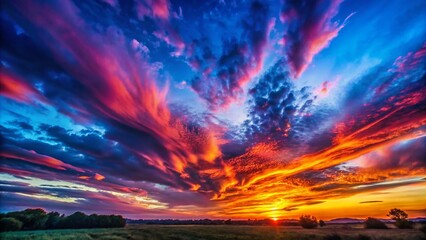 Fototapeta premium Vibrant Sunset Sky Texture: Colorful Red, Blue, and Violet Hues - Night Photography