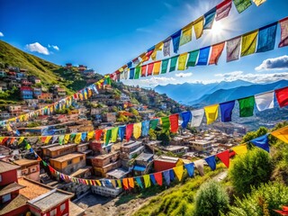 Vibrant Tibetan Prayer Flags Flutter Above Picturesque Mountain Town, Clear Blue Sky