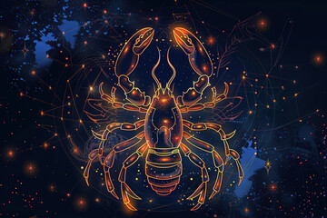 Astrological abstract composition with concept of Scorpio zodiac sign symbol, abstract vivid composition consists of fictional unreal fantastic vision on background