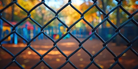 Fototapeta premium Autumn Playground View Through Chain Link Fence