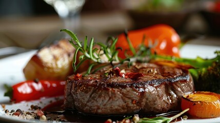 A beautifully plated steak with a colorful vegetable garnish