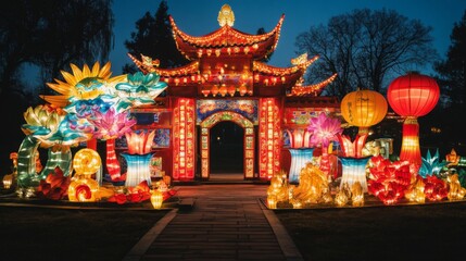 Obraz premium Spectacular illuminated Lantern Festival in a park at night
