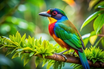 Obraz premium Vibrant Tropical Bird on Lush Branch - Long Exposure Close-up Stock Photo