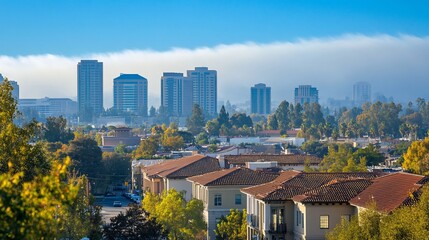 Naklejka premium Suburban cityscape with highrises in morning fog.