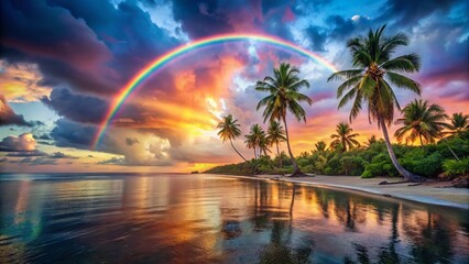 Naklejka premium Vibrant Tropical Sunset Beach Paradise: Rainbow Arch over Palm Trees