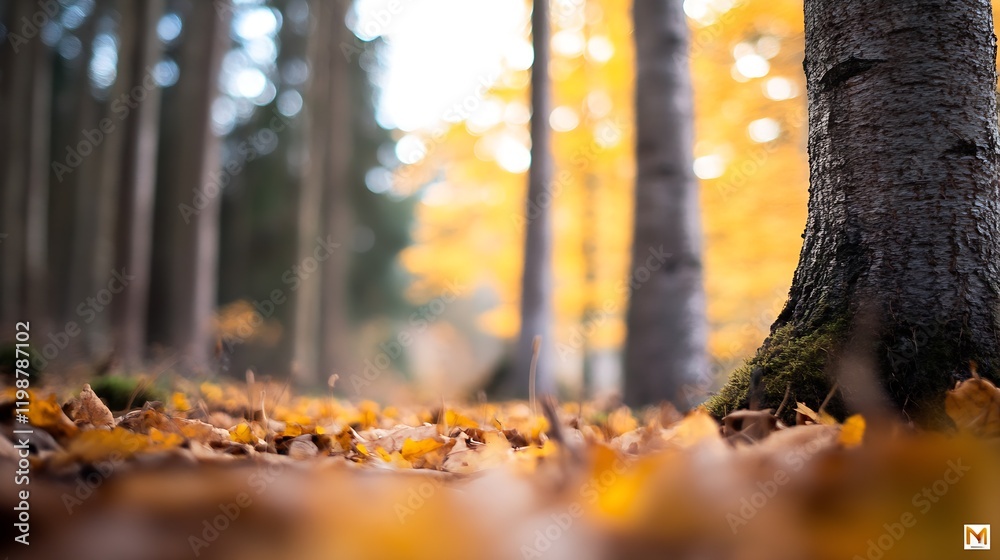 Poster golden autumn forest with fallen leaves and warm sunlight through trees : generative ai
