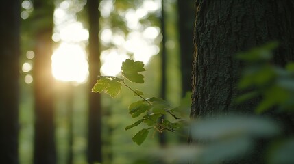 Single Leaf Backlit by Sun in Serene Forest with Soft Focus Background : Generative AI