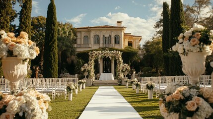 Obraz premium Elegant outdoor wedding ceremony setup at a mansion with floral arrangements and white chairs.