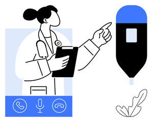 Abstract doctor with clipboard, pointing towards medical equipment, surrounded by call, mic, end-call icons. Ideal for telemedicine, healthcare, virtual consultations, remote diagnostics online