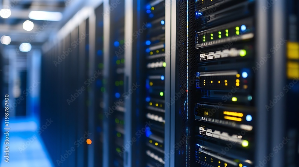 Fototapete Advanced Network Servers in Secure Data Center with Blue LED Indicators Lighting Up : Generative AI
