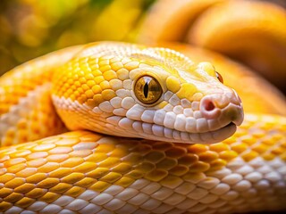 Fototapeta premium Vibrant Yellow and White Snake Close-up: Intricate Scales & Bokeh Background